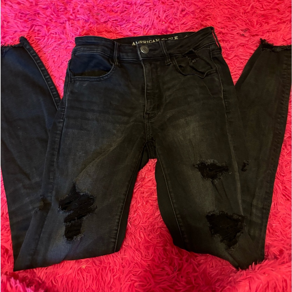 American Eagle Black Ripped Super Stretch Skinny Jeans Size 6